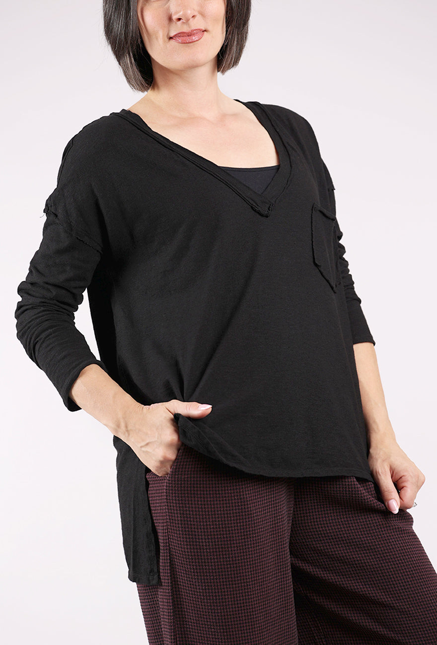 Cut Loose Raw Edge Deep Vee Tee, Black 