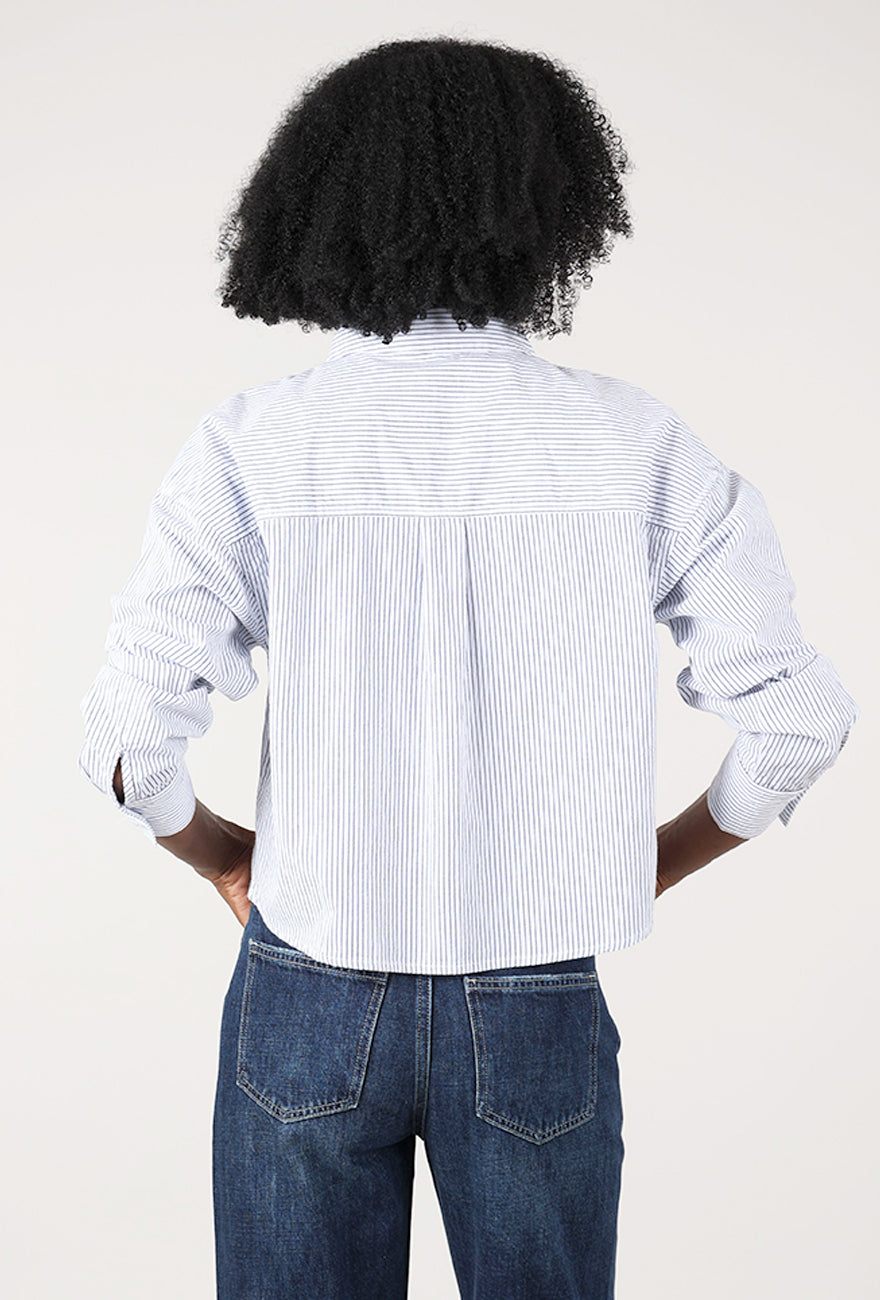 Woven Crop Shirt, White/Navy Angle 3