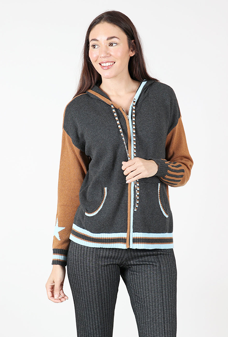 Stars Zip-Up Hoodie, Charcoal/Umber