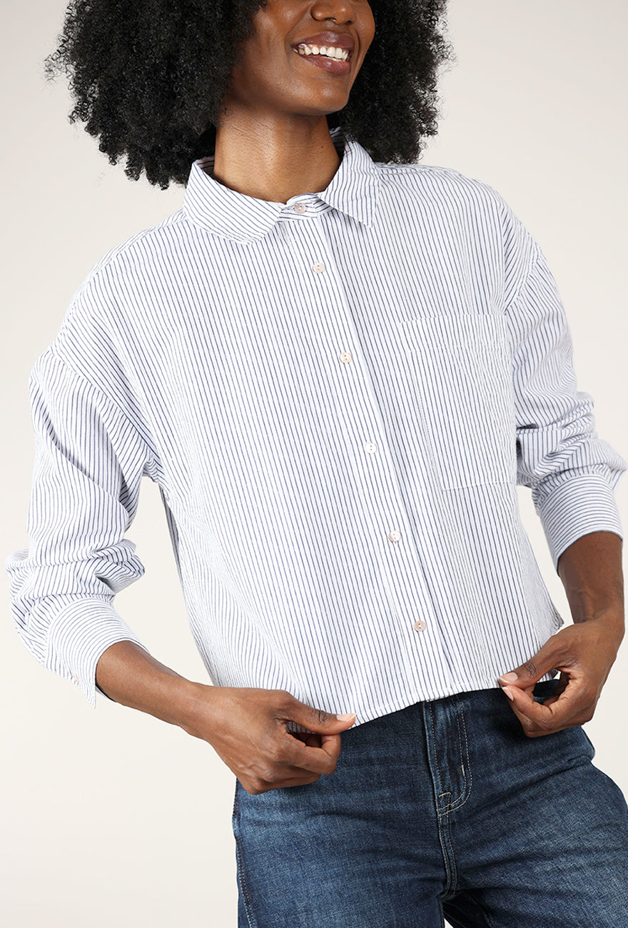 Woven Crop Shirt, White/Navy