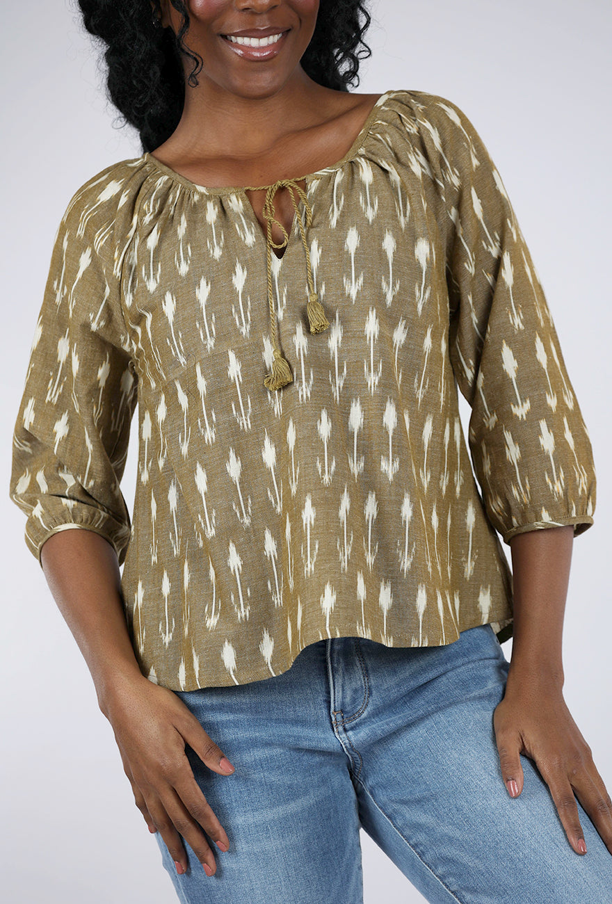 Mata Traders Tulum Tassel Top, Olive Ikat 