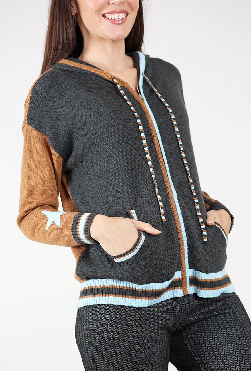 Stars Zip-Up Hoodie, Charcoal/Umber Angle 4