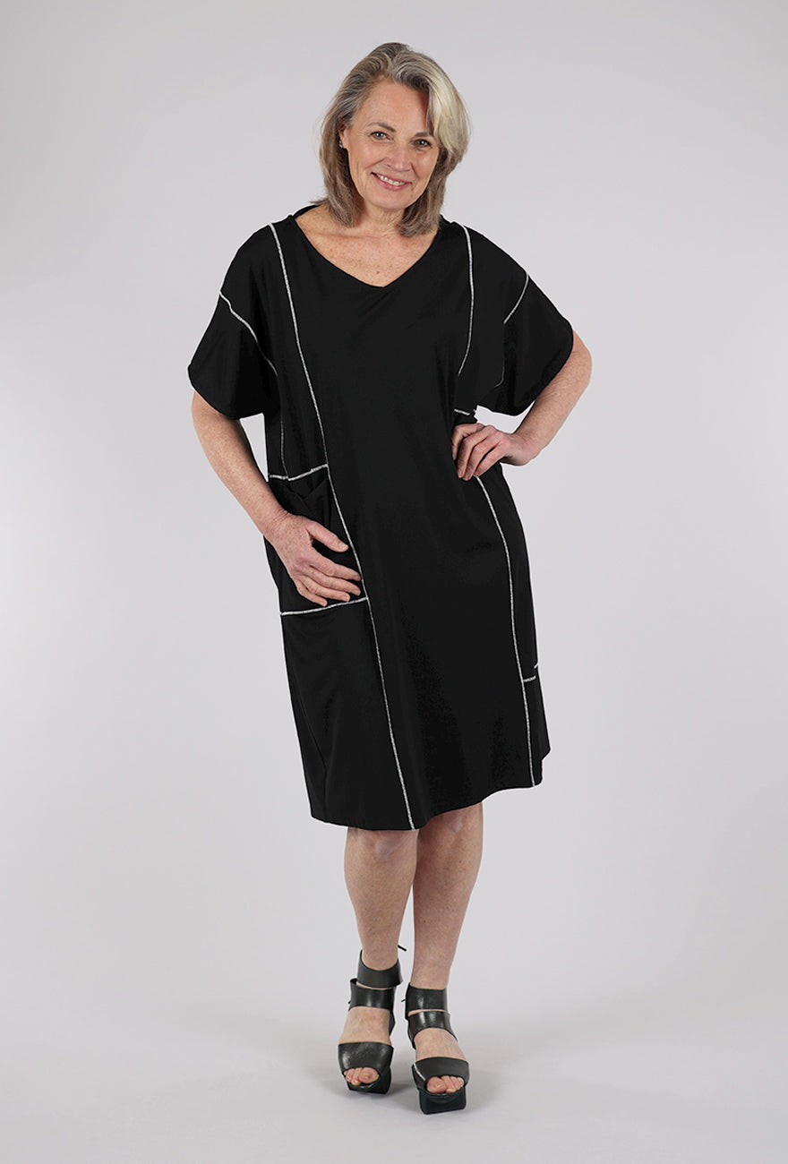 Ozai Reversible Contrast Stitch Pocket Dress, Black 