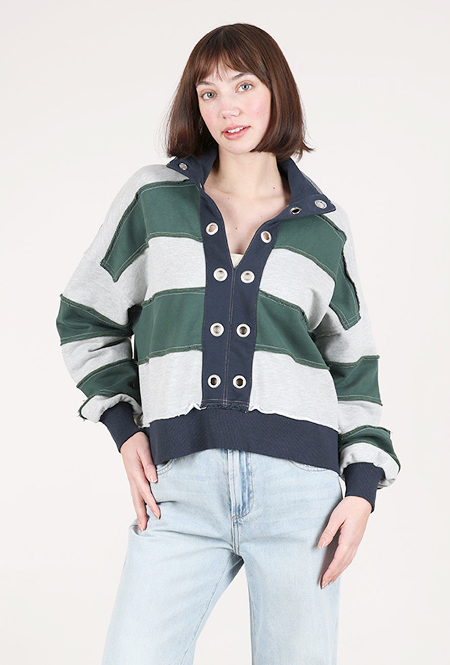 Hem & Thread Striped FT Crop Pullover, Forest/Navy 