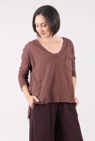 Cut Loose Raw Edge Deep Vee Tee, Cola 