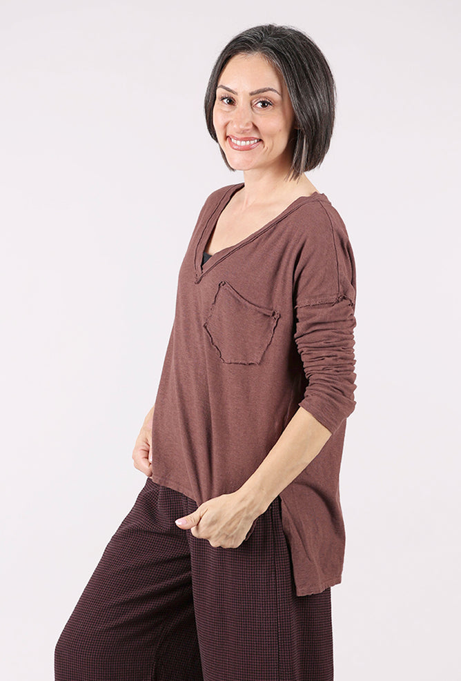 Cut Loose Raw Edge Deep Vee Tee, Cola 