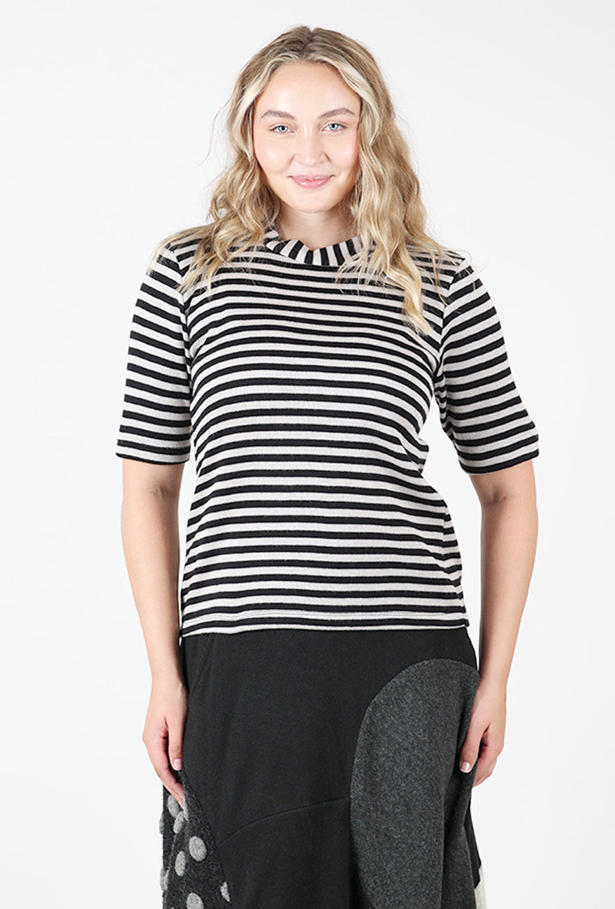 Elbow Sleeve Striped Top, Black Mix