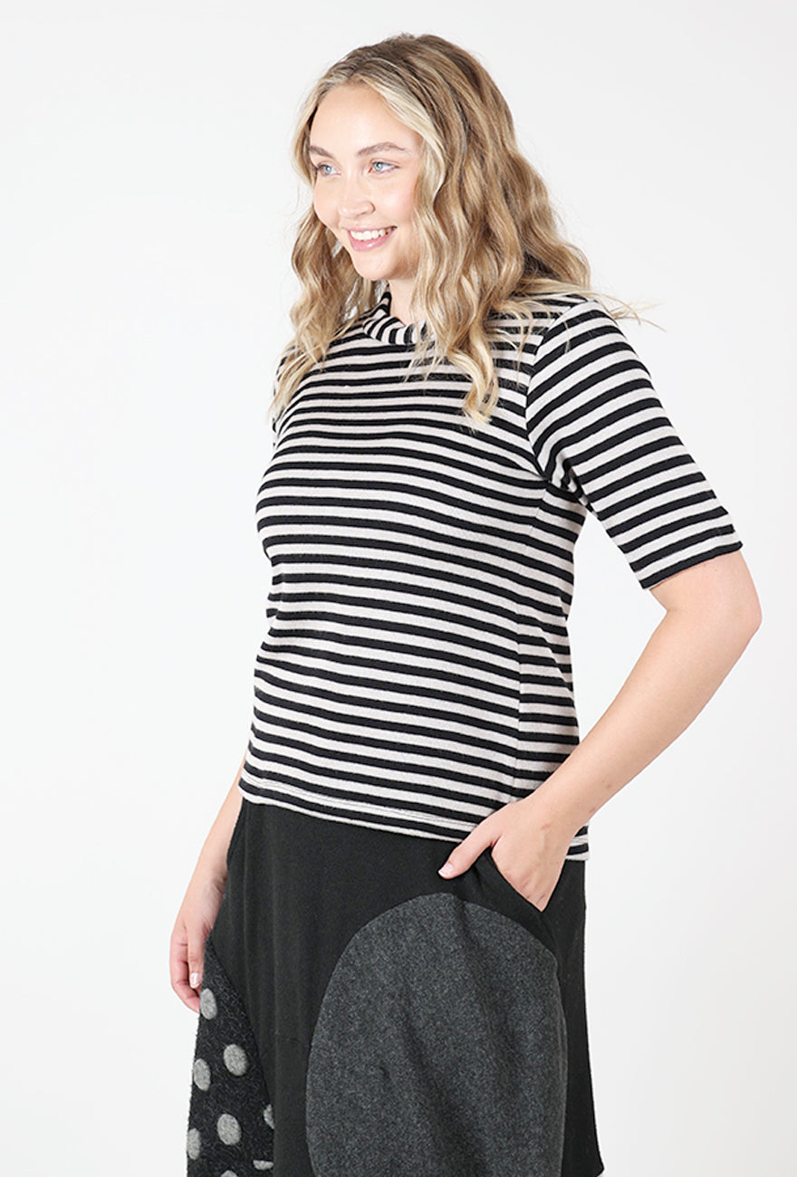 Elbow Sleeve Striped Top, Black Mix Angle 2