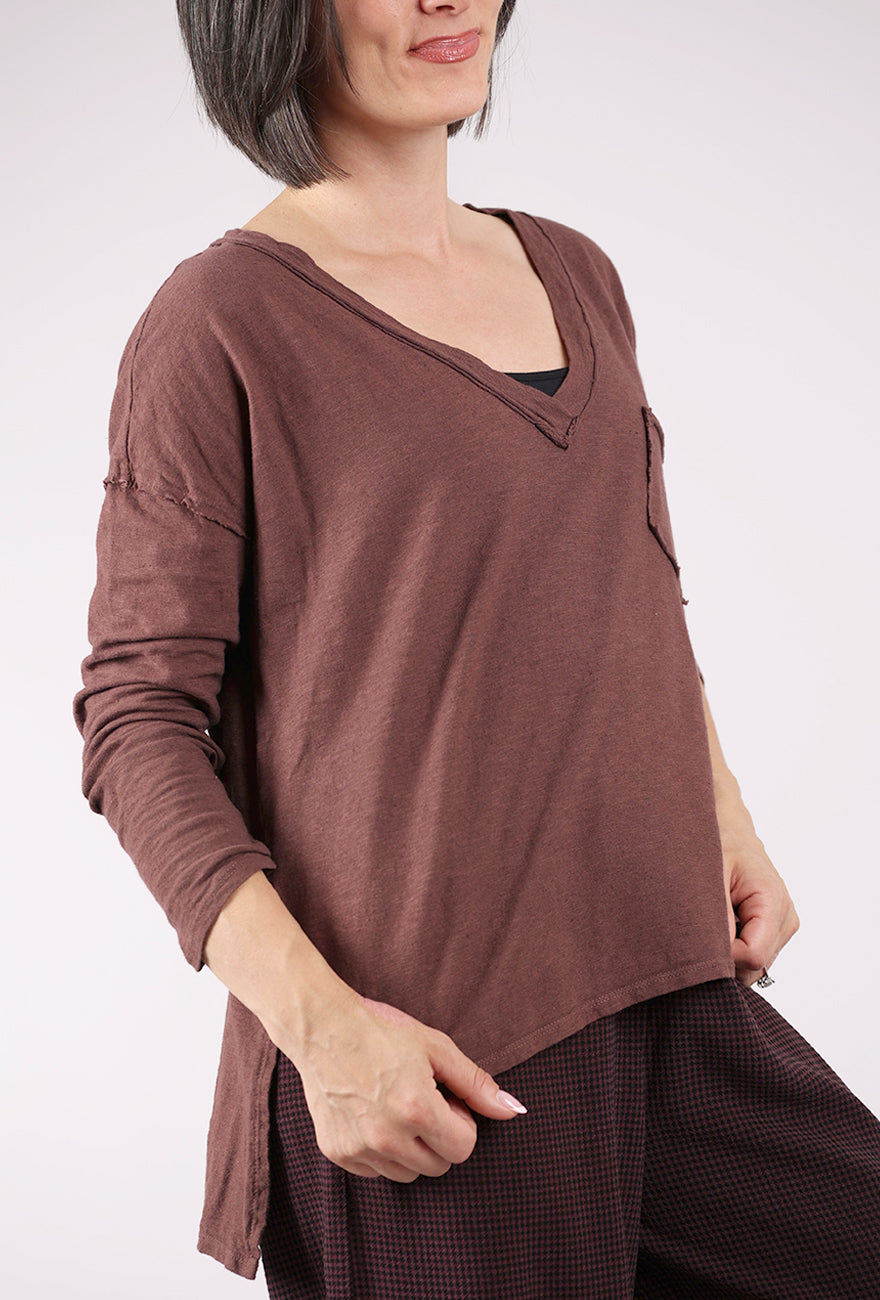 Cut Loose Raw Edge Deep Vee Tee, Cola 