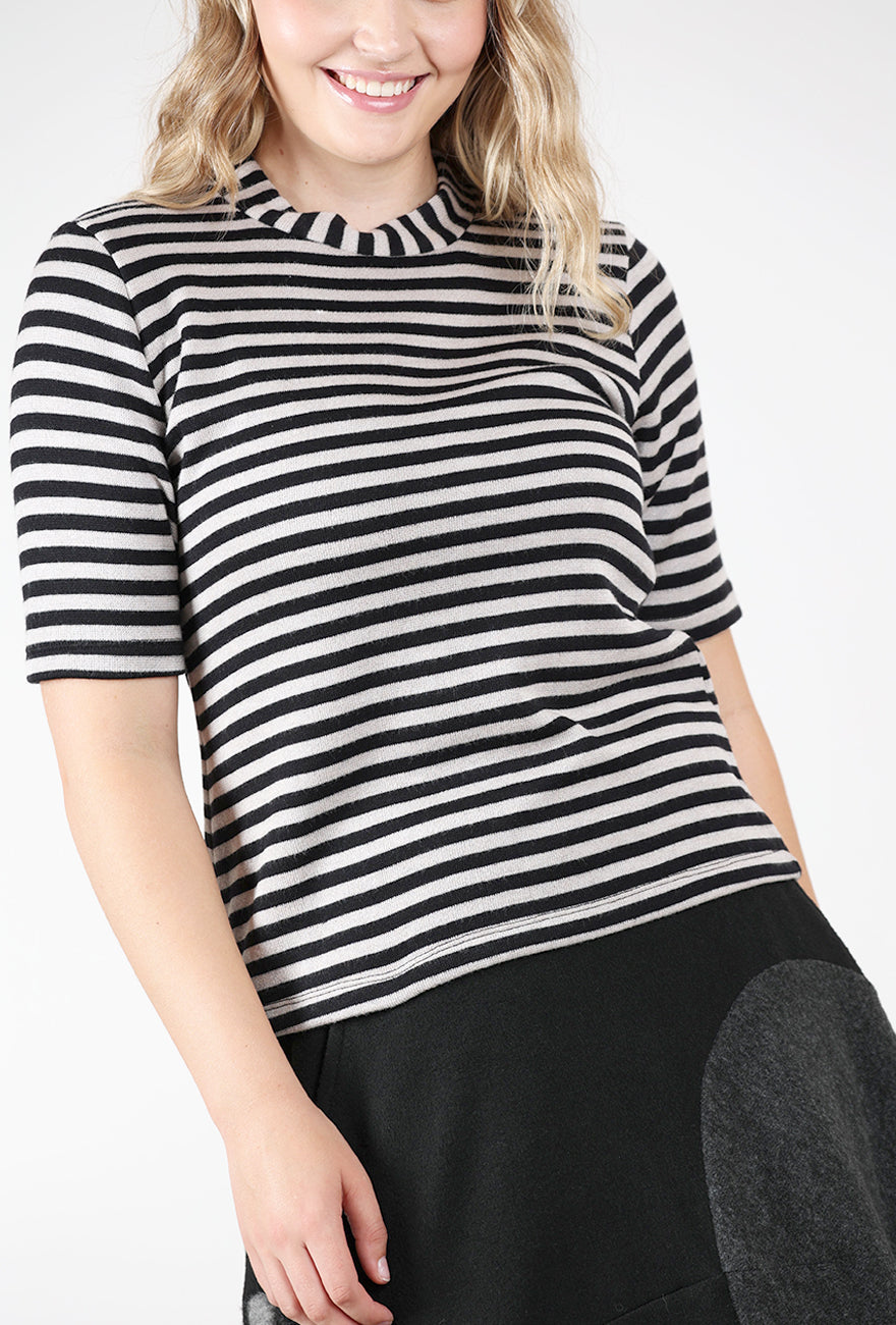 Elbow Sleeve Striped Top, Black Mix