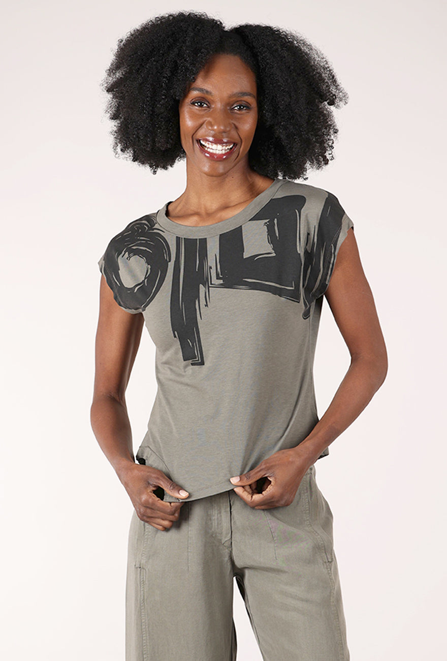 Graphic Cap Sleeve Tee, Khaki