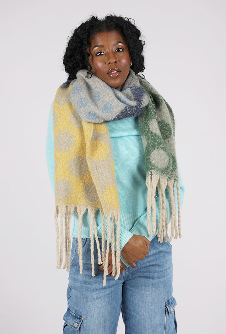 Knit Bon Bons Oversize Polka Dot Patchwork Scarf, Green/Yellow 