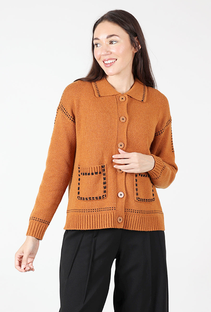Tailored Accent Stitch Cardie, Caramel