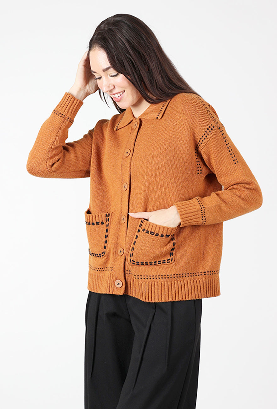 Tailored Accent Stitch Cardie, Caramel
