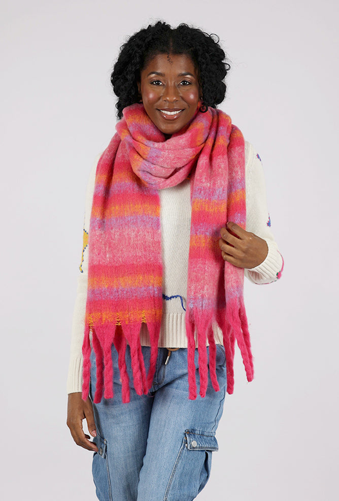 Knit Bon Bons Brushed Chunky Fringe Stripe Scarf, Deep Pink Combo One Size Deep Pink