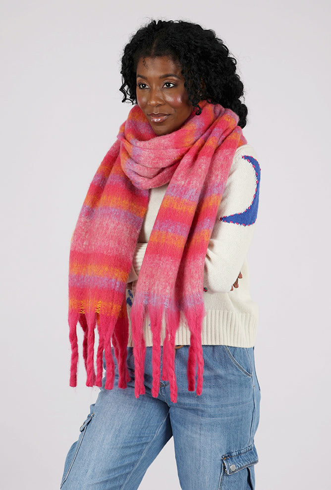 Knit Bon Bons Brushed Chunky Fringe Stripe Scarf, Deep Pink Combo One Size Deep Pink