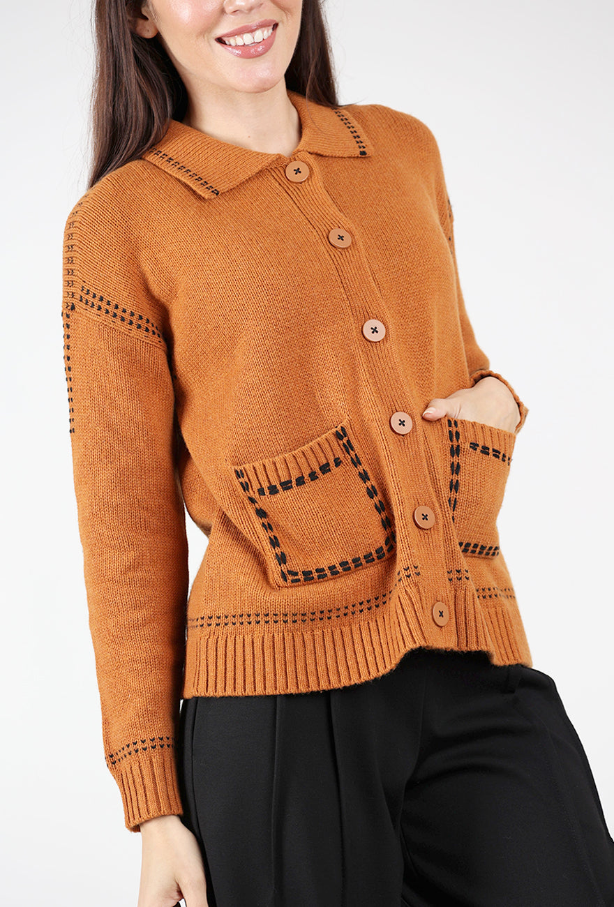 Tailored Accent Stitch Cardie, Caramel Angle 4
