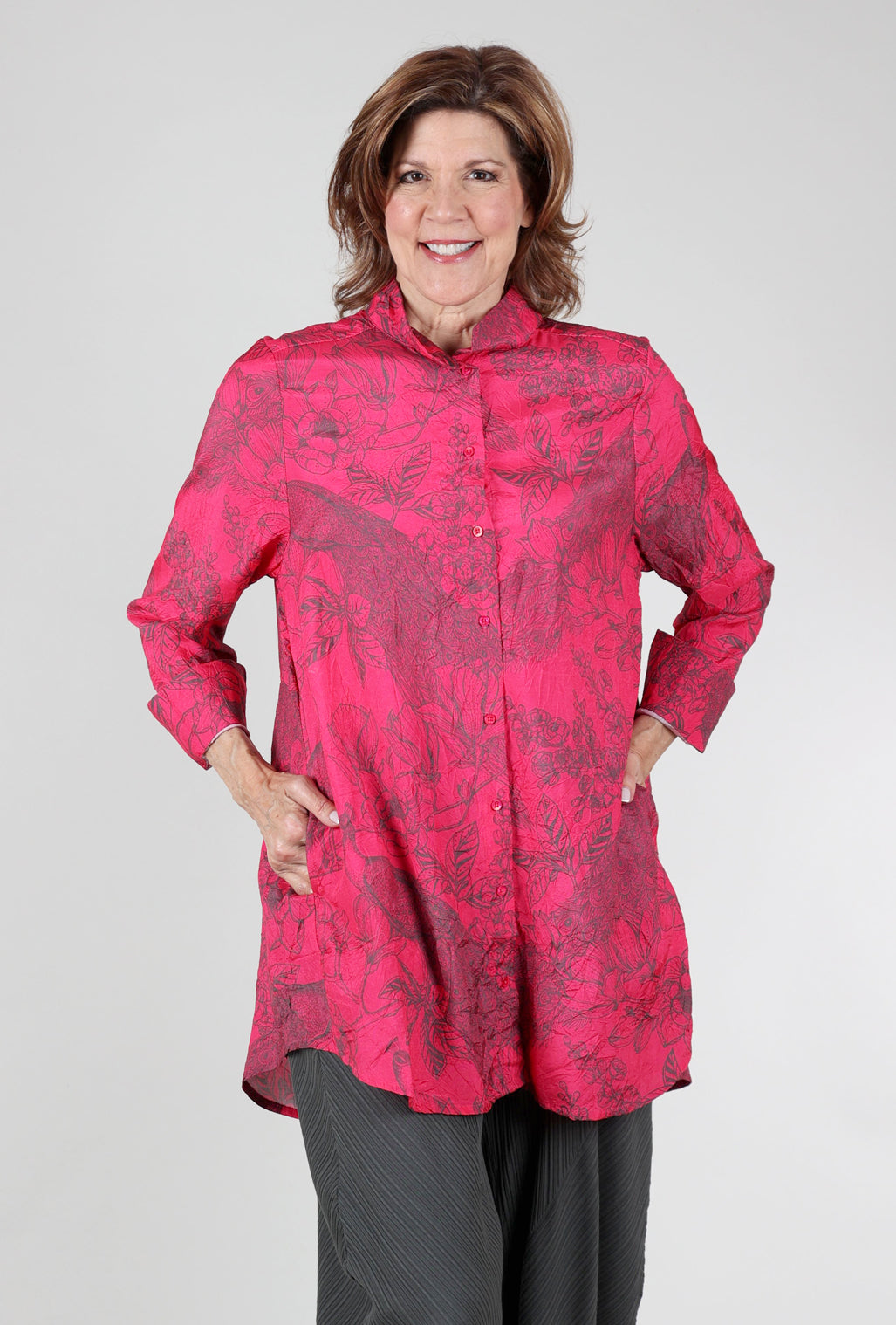 Noen Crinkle Print Silky Top, Fuchsia/Gray 