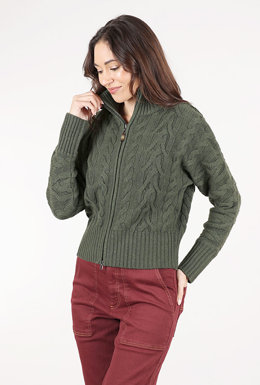 Kinross Cashmere Luxe Cable Zip Cardie, Loden 