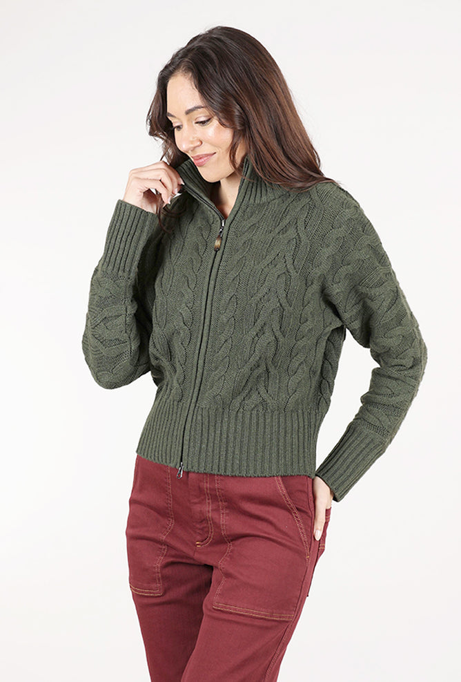 Kinross Cashmere Luxe Cable Zip Cardie, Loden 