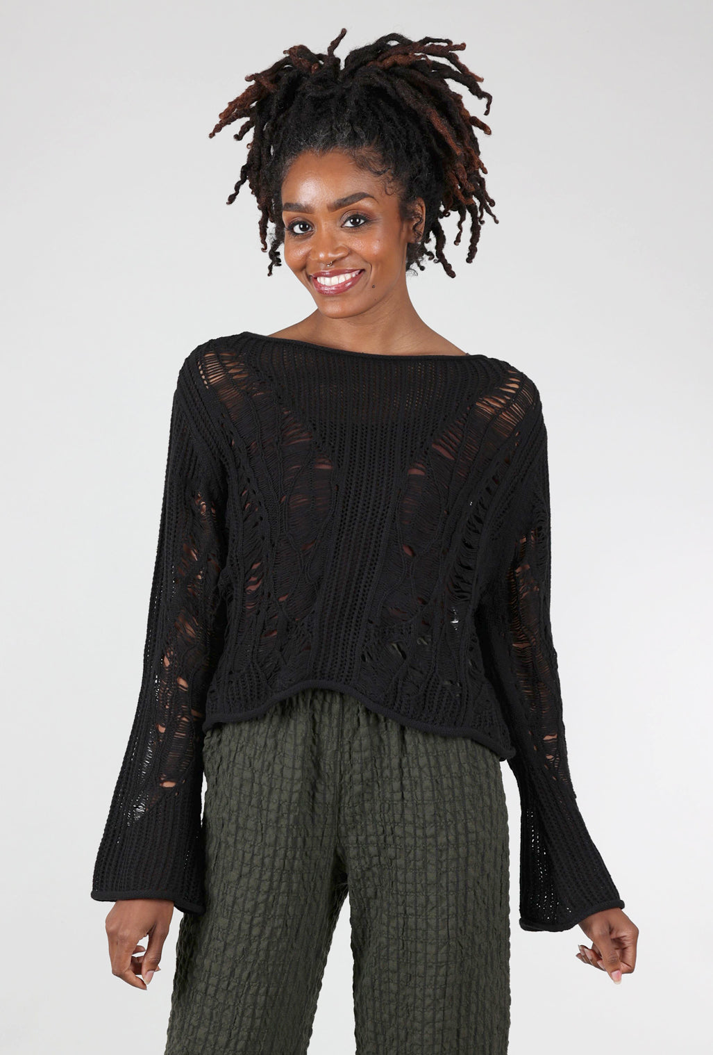 Moyuru Drop-Stitch Details Sweater, Black One Size Black