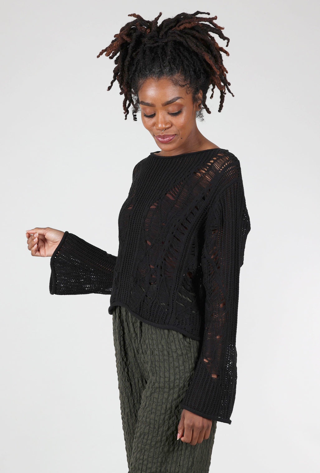 Moyuru Drop-Stitch Details Sweater, Black One Size Black