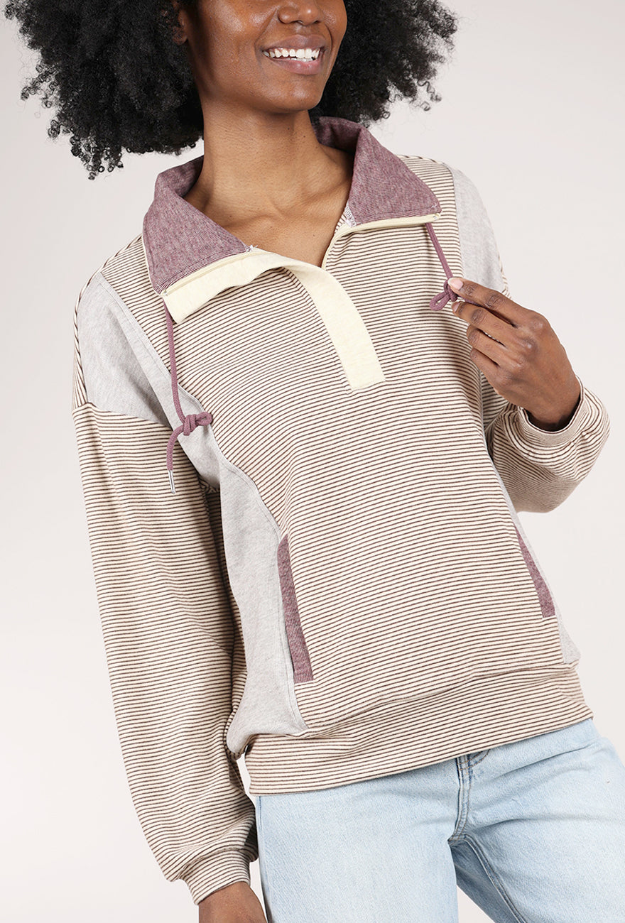 Brushed Half Zip Pullover, Ecru/Mauve