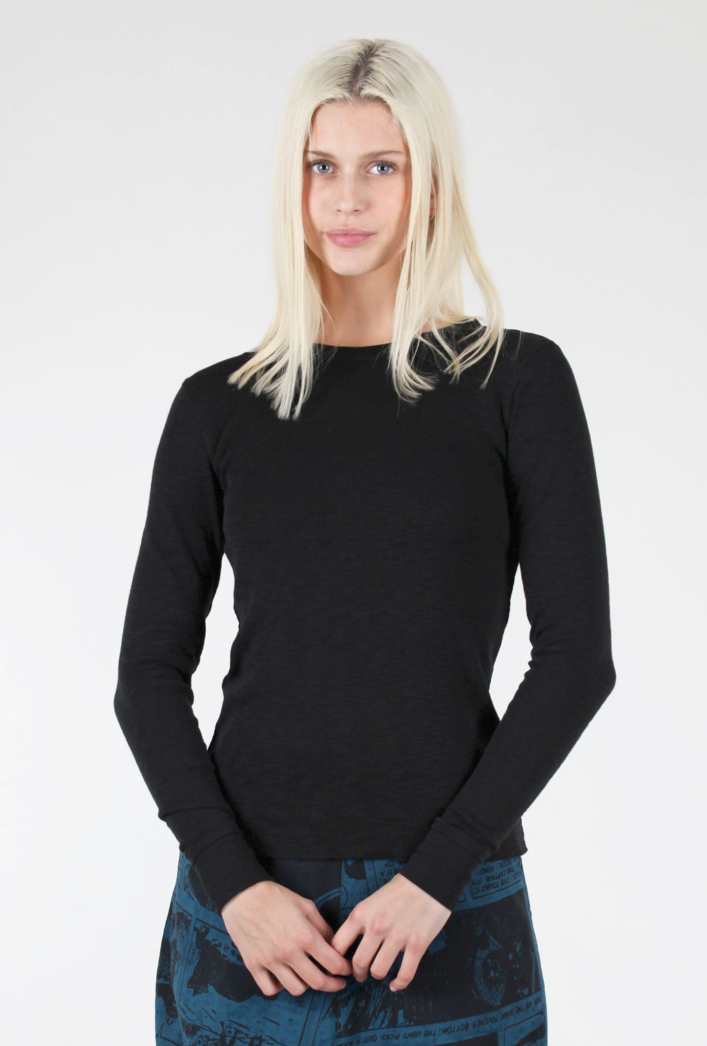 Lilla P L/S Raw-Edge Slub Crew, Black 