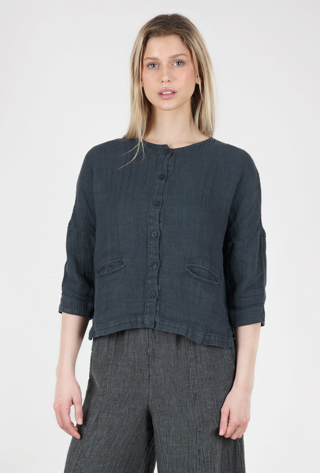 Grizas Rustic Linen Cropped Jacket, Ink 