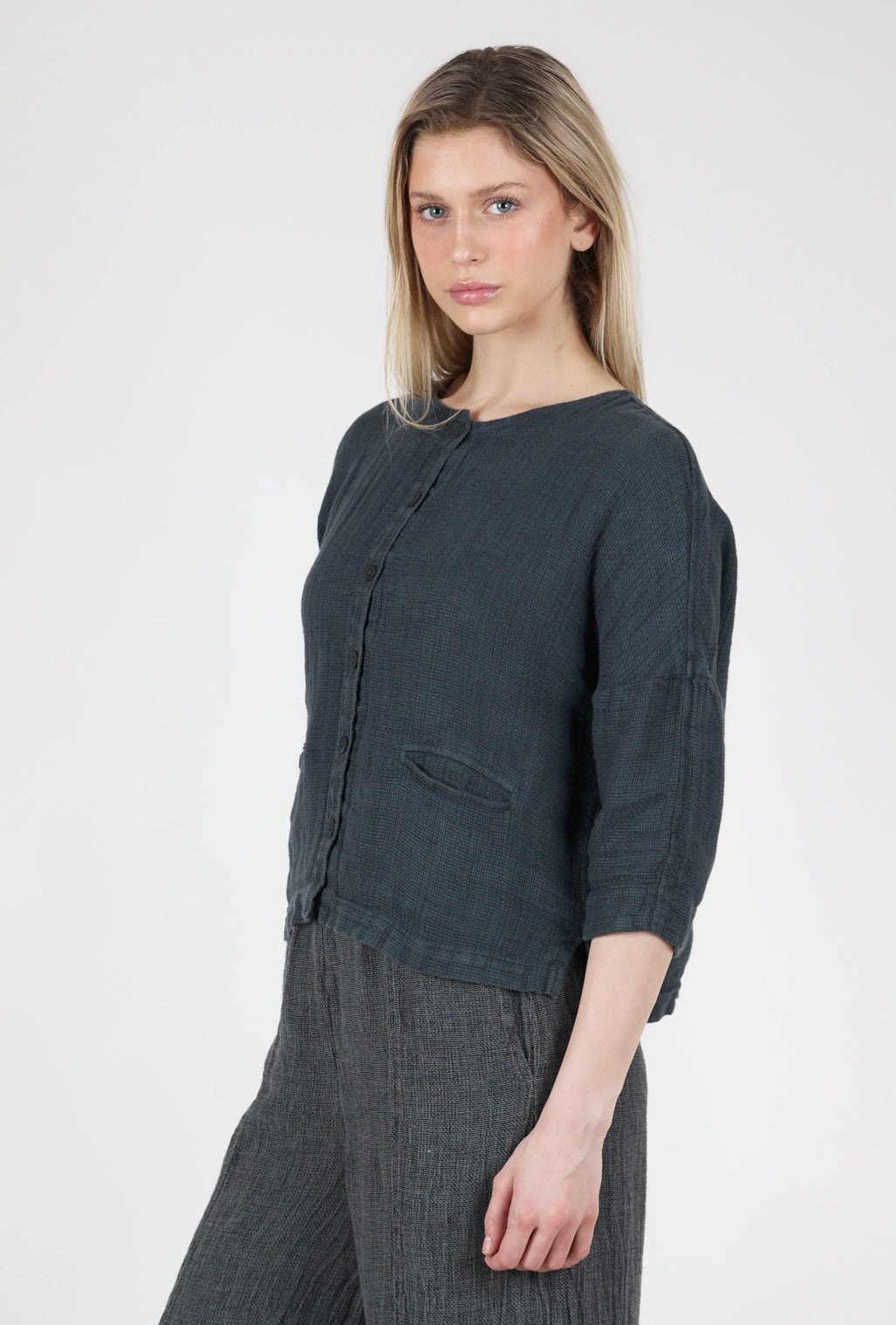 Grizas Rustic Linen Cropped Jacket, Ink 