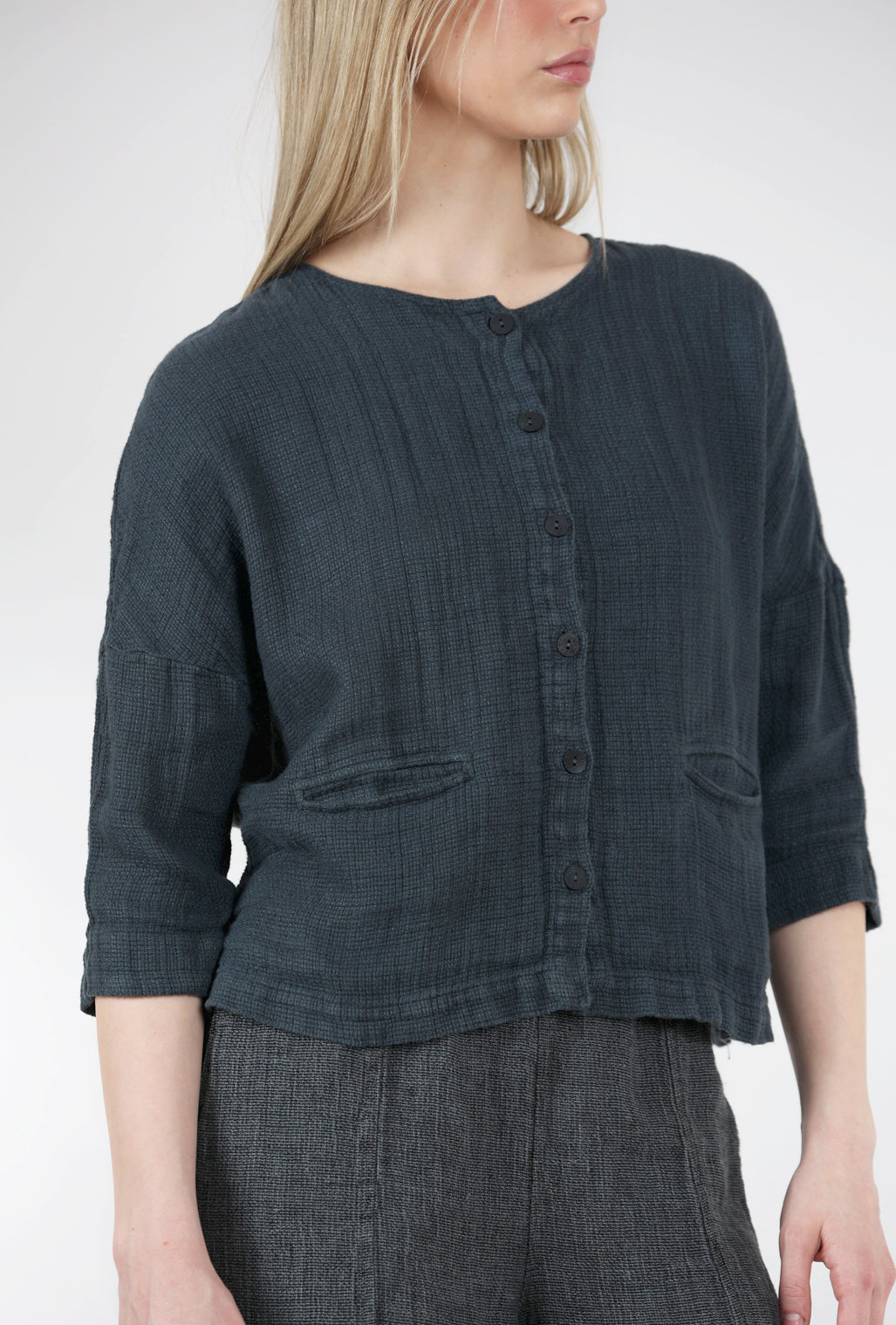 Grizas Rustic Linen Cropped Jacket, Ink 