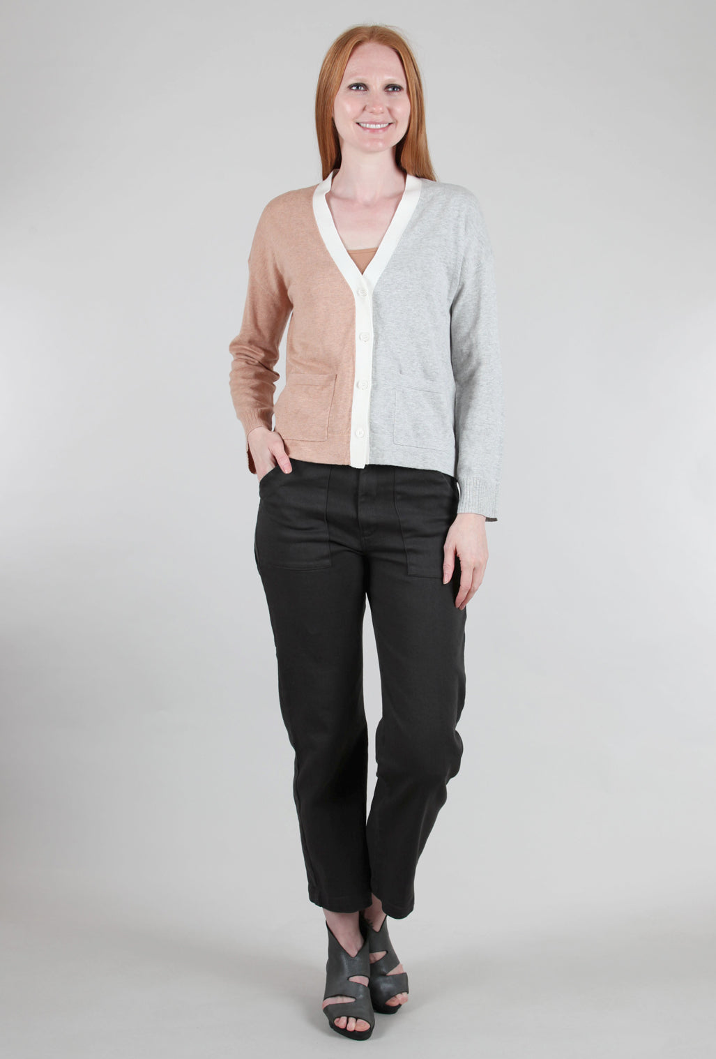 Lilla P Colorblock Pocket Cardie, Gray/Truffle 