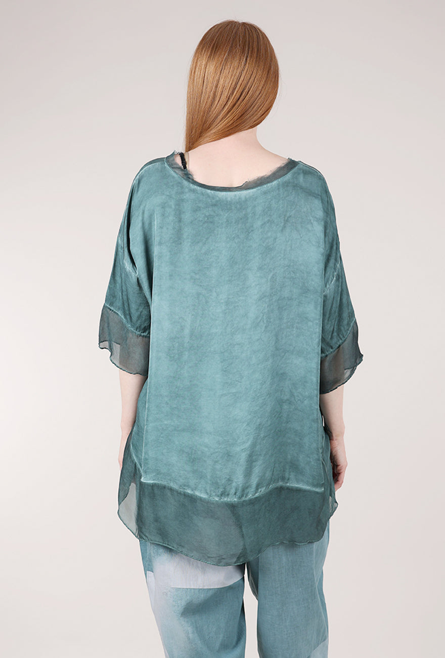 Sanctamuerte Chiffon Trim Silk Sari Top, Tiffany Marine 
