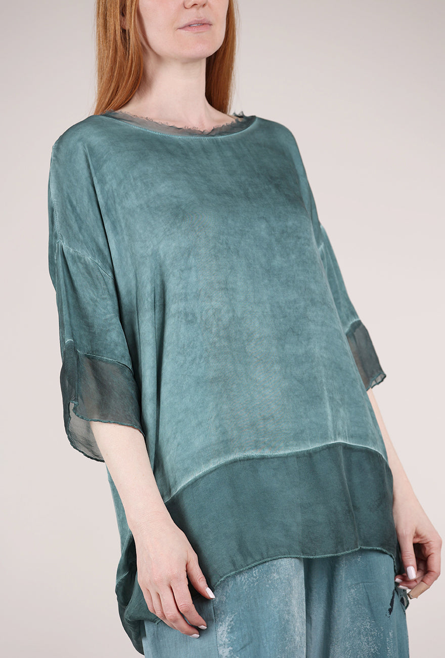Sanctamuerte Chiffon Trim Silk Sari Top, Tiffany Marine 