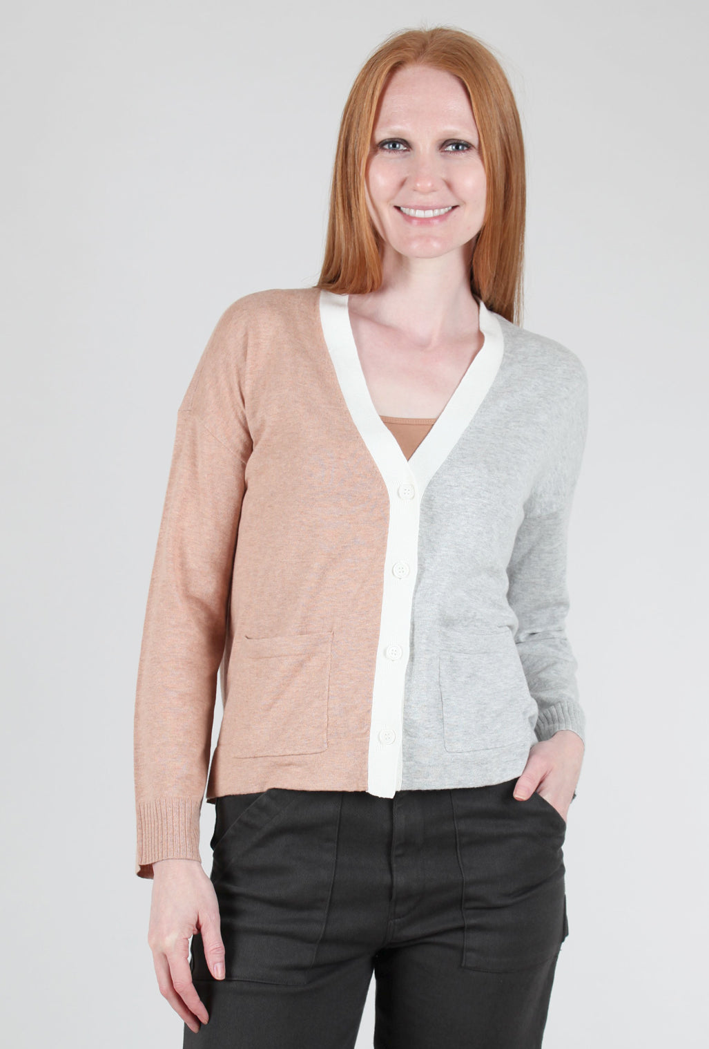 Lilla P Colorblock Pocket Cardie, Gray/Truffle 