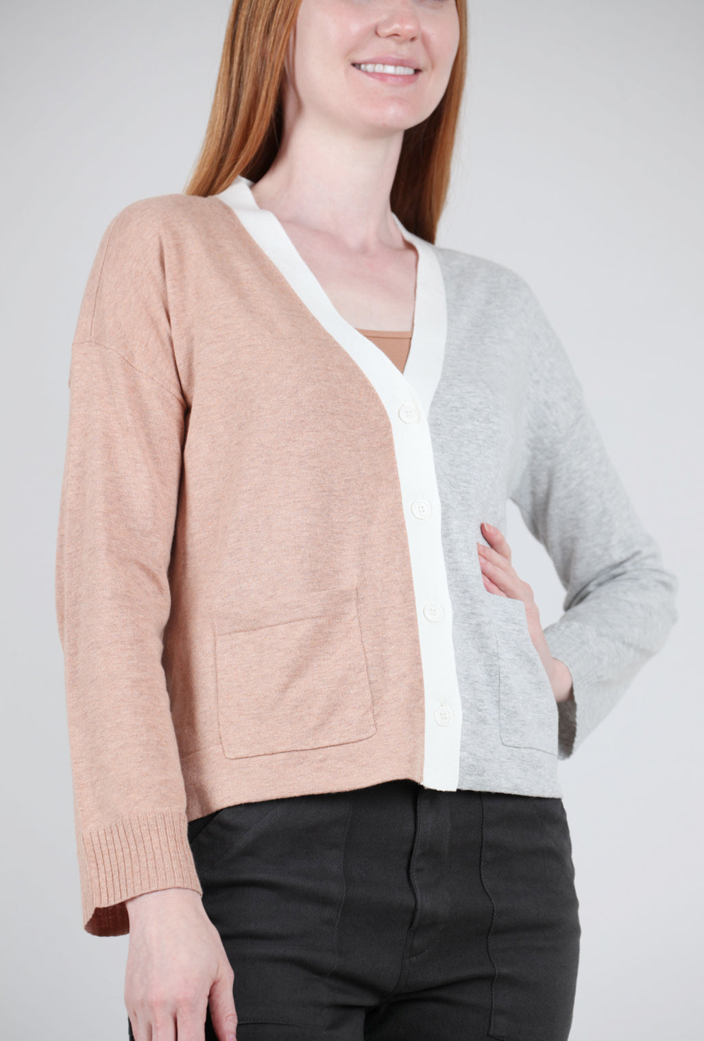 Lilla P Colorblock Pocket Cardie, Gray/Truffle 