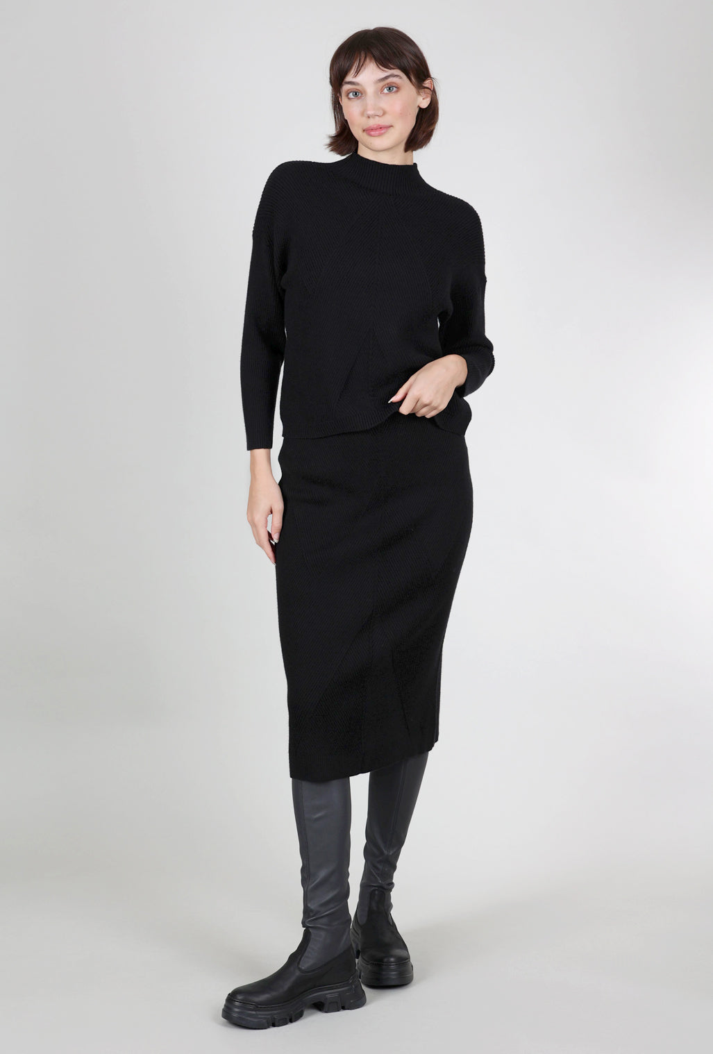 Astrid Ribbed Slim Mockneck Sweater, Black 