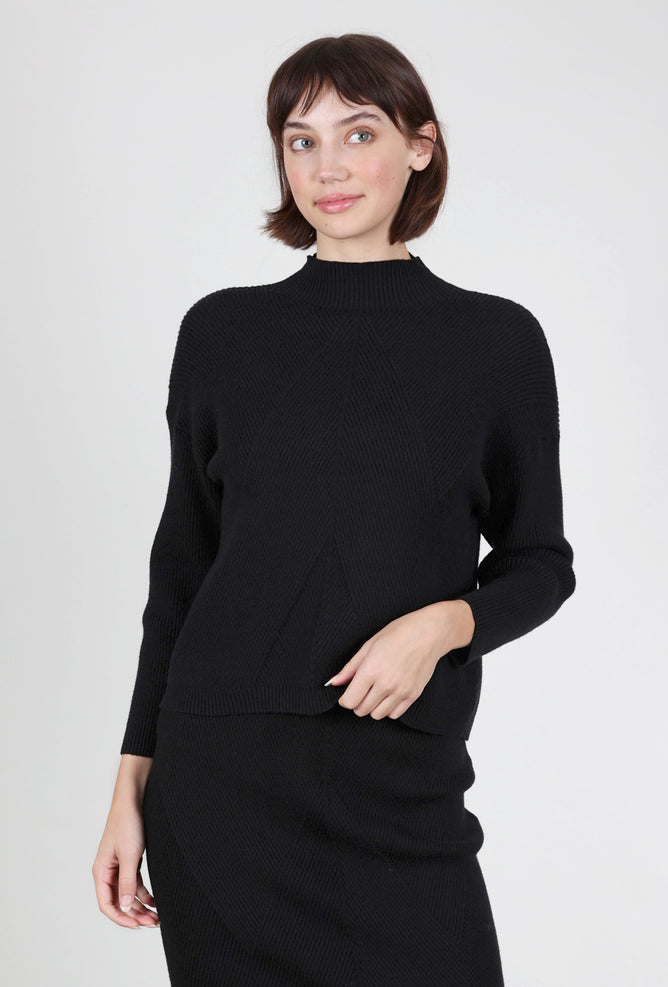 Astrid Ribbed Slim Mockneck Sweater, Black 