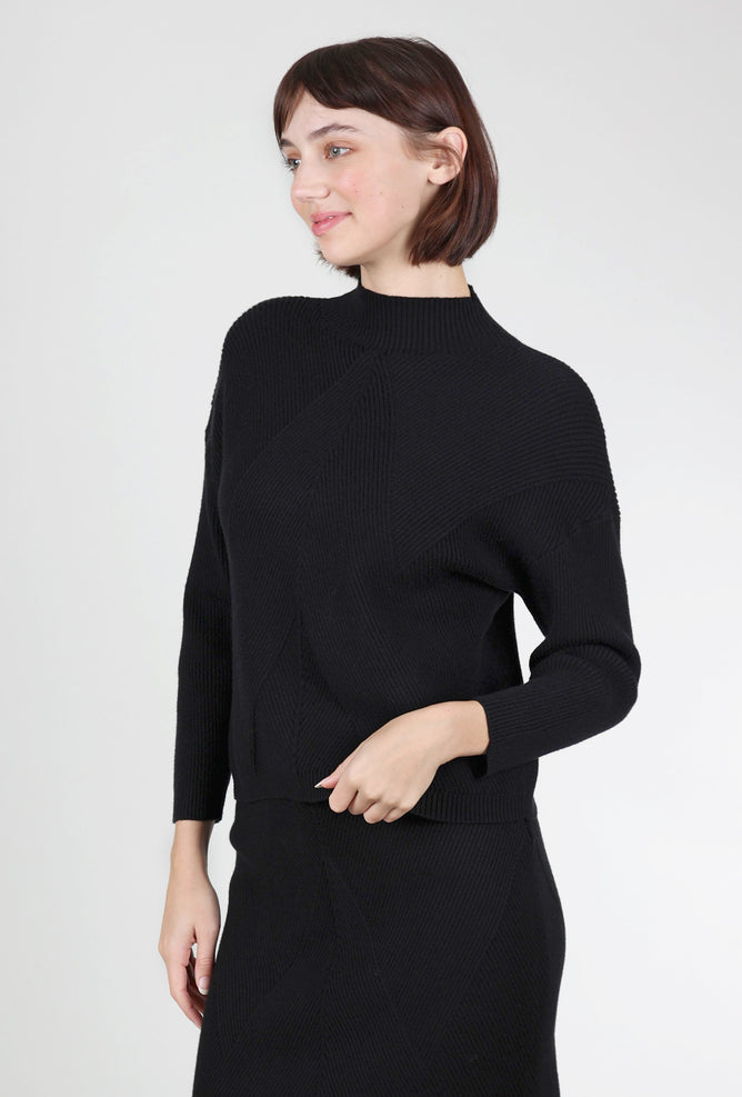 Astrid Ribbed Slim Mockneck Sweater, Black 