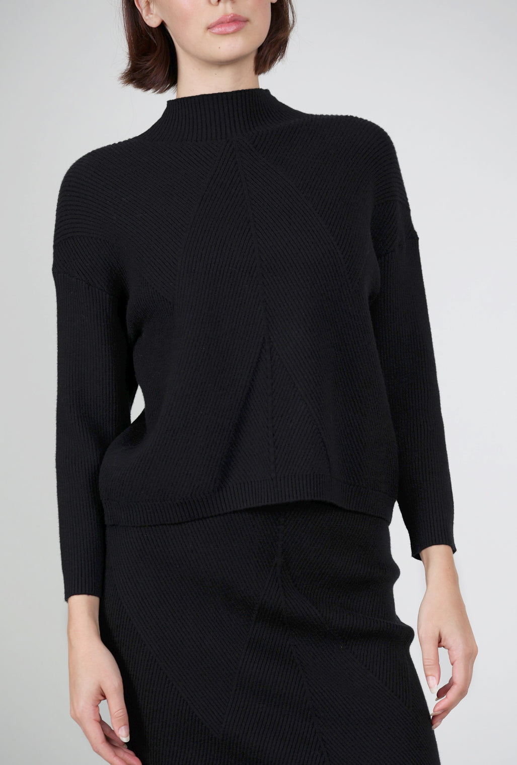 Astrid Ribbed Slim Mockneck Sweater, Black 