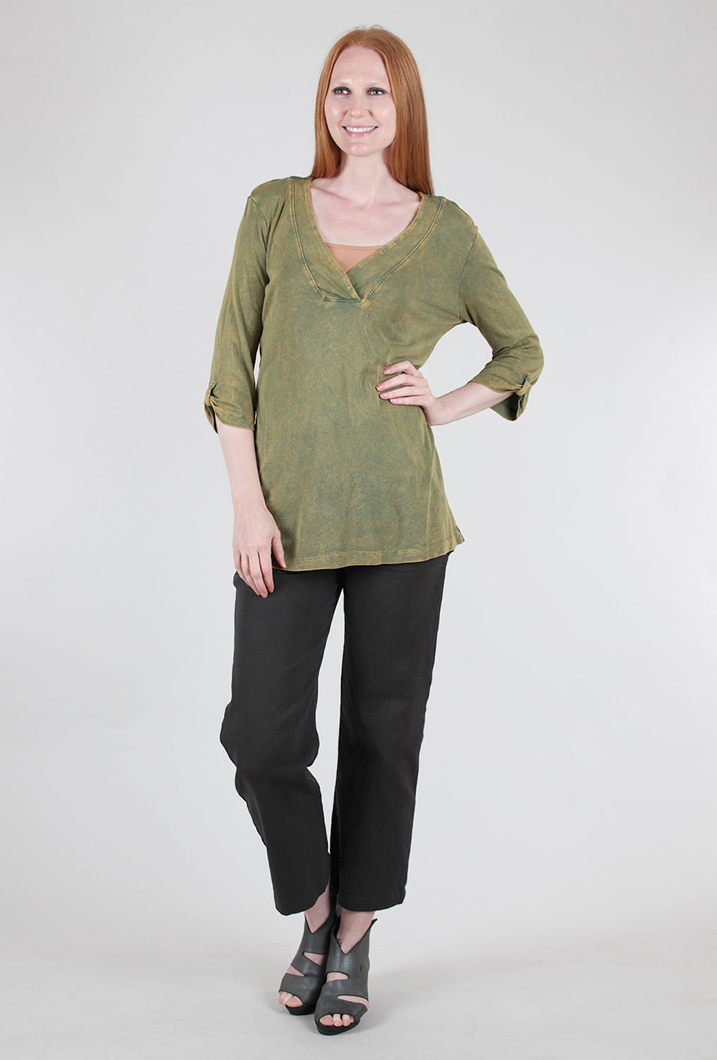 M. Rena Tabbed Sleeve Tunic, Green Olive 