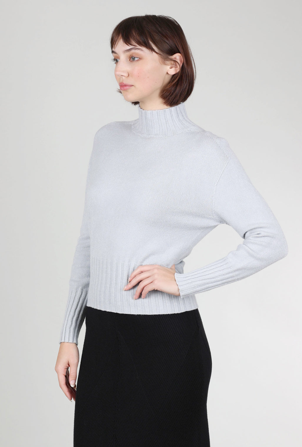 Astrid Rib Accents Cropped Sweater, Gray Melange 