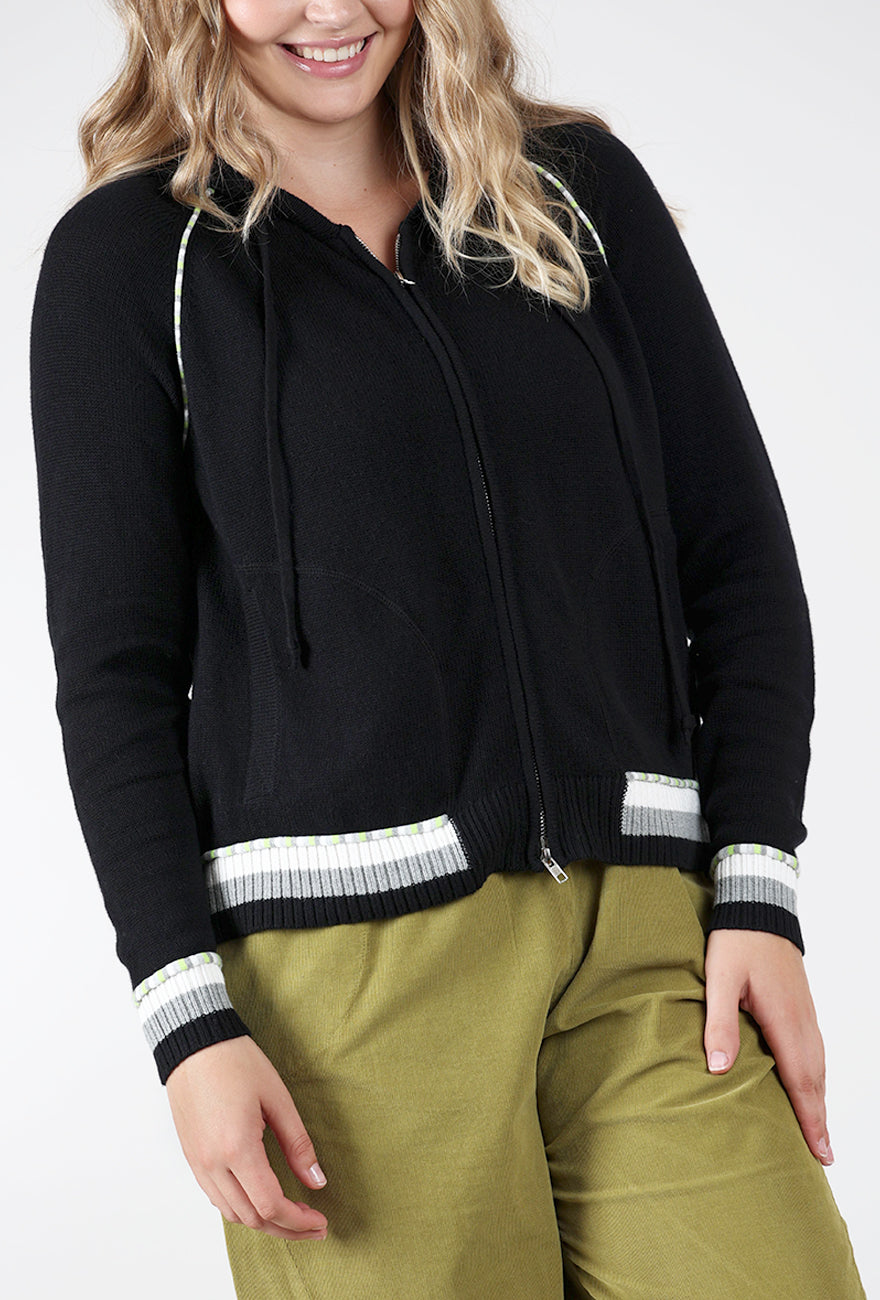 Stripe Trim Zip Up Hoodie, Black