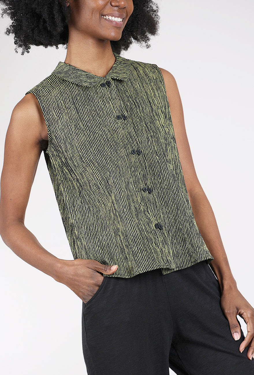 Niche Ridge Stripe S/L Twinbutton Top, Green/Black 