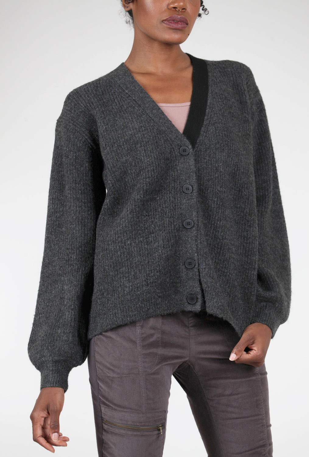 Grade & Gather Accent Placket Cardie, Coal 