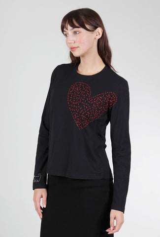 Cats With a Heart Big Heart Embroidered L/S Tee, Black 