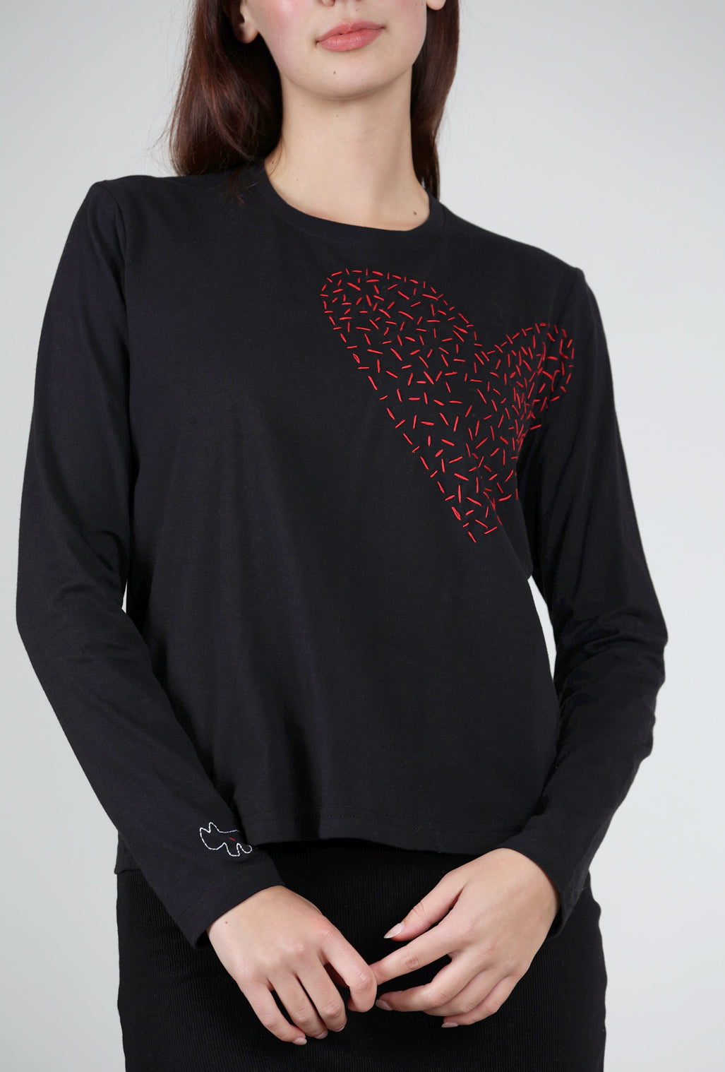 Cats With a Heart Big Heart Embroidered L/S Tee, Black 