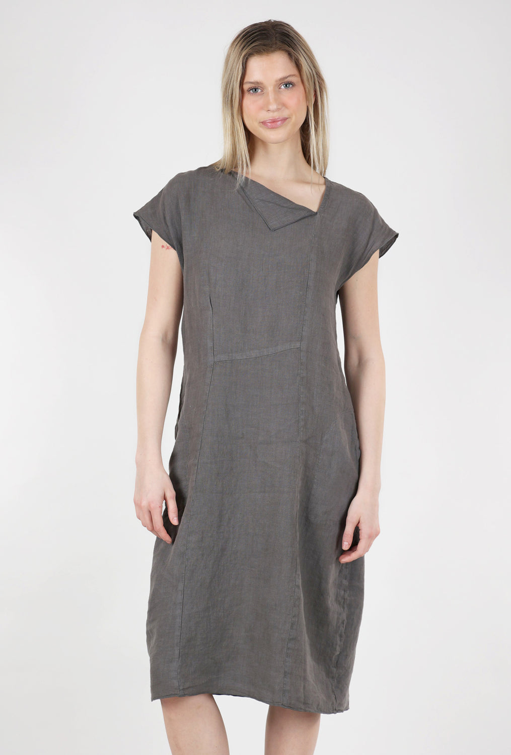 Fenini Drape-Neck Linen Dress, Dusk Gray 