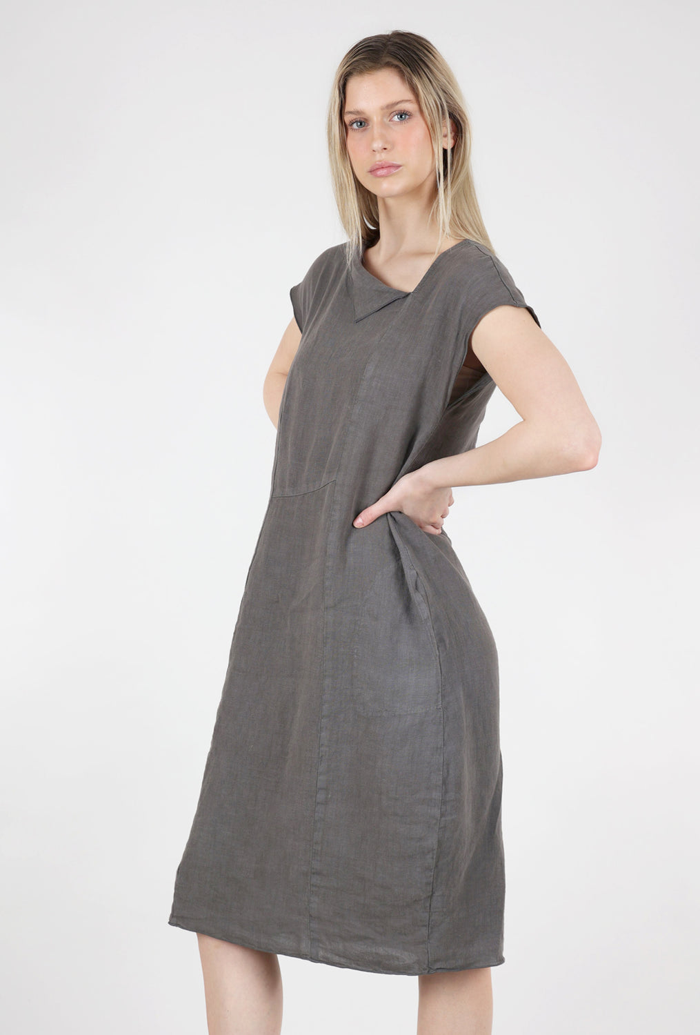 Fenini Drape-Neck Linen Dress, Dusk Gray 