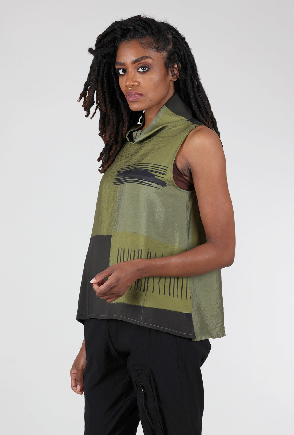 3 Potato Print Cowl Tank, Charcoal/Green 